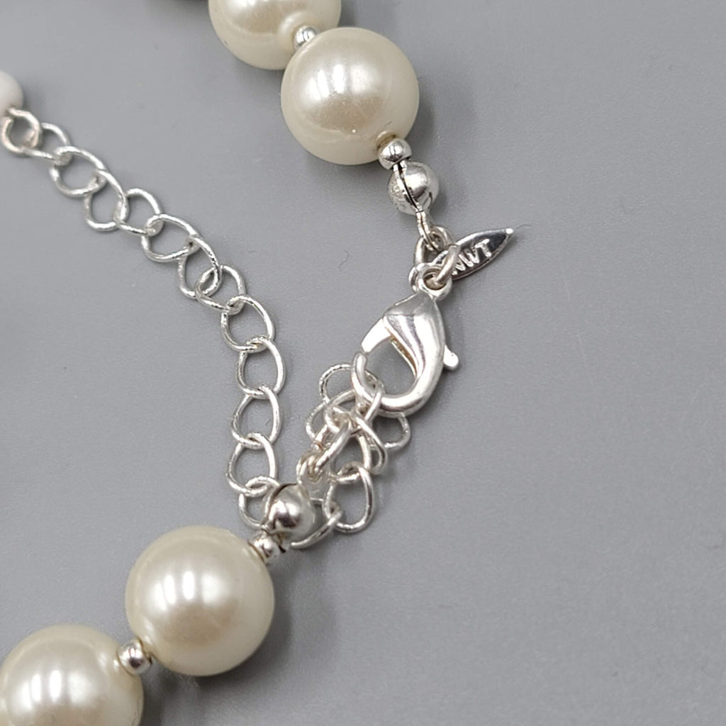 White Beads Silver tone Rhinestone Necklace and Bracelet Set Faux Pearl