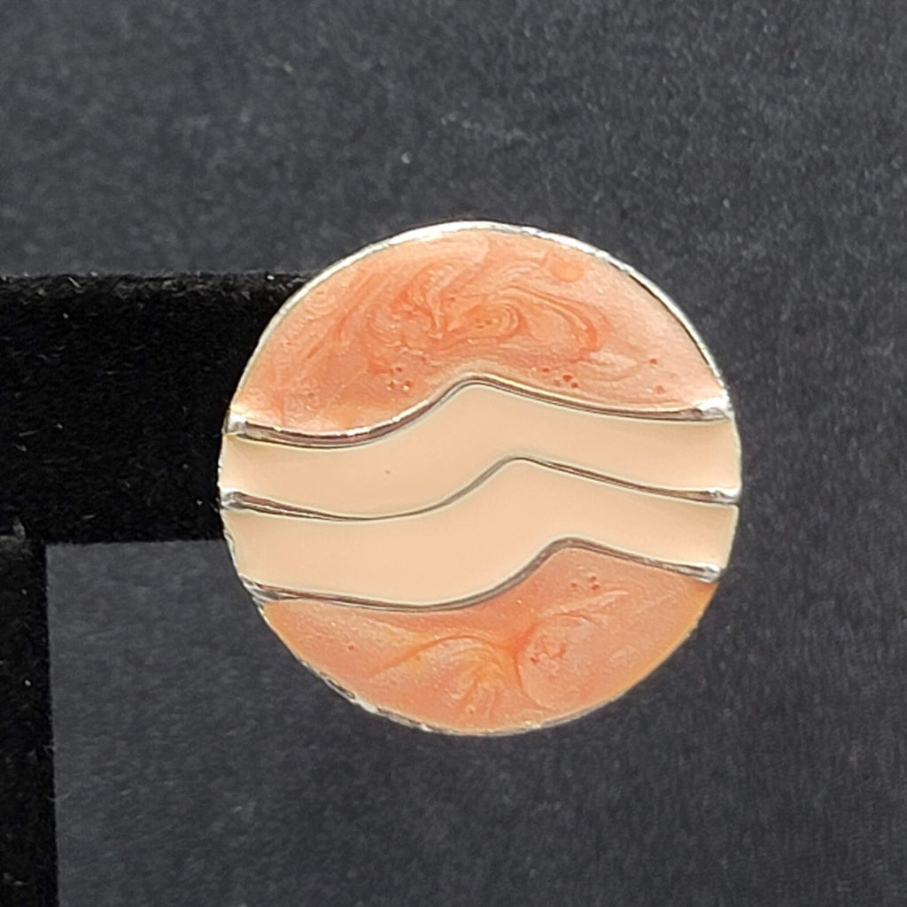 Vintage Pierced Earrings Silver tone Round Pink Swirl Enamel Drop 1"