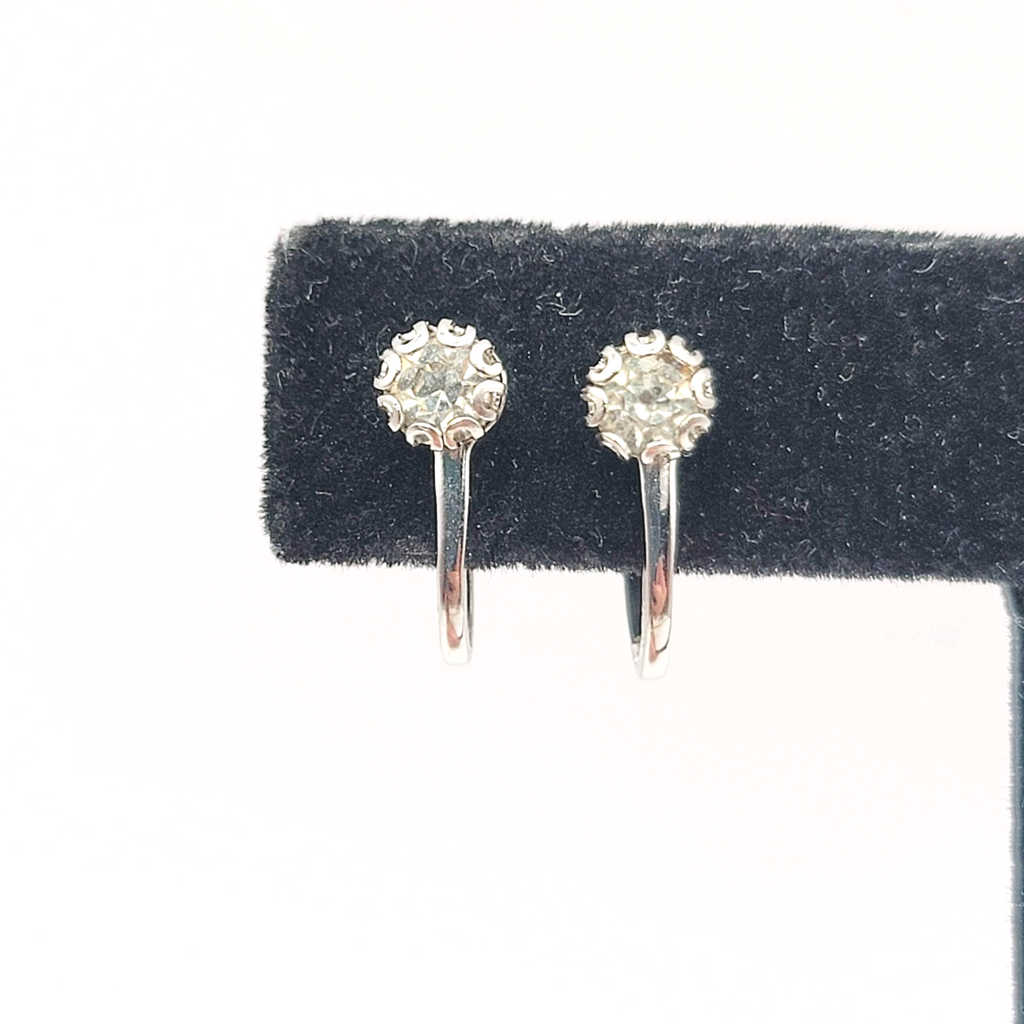 Vintage Stud Clip on Earrings Cubic Zirconia Silver tone 3/16 in