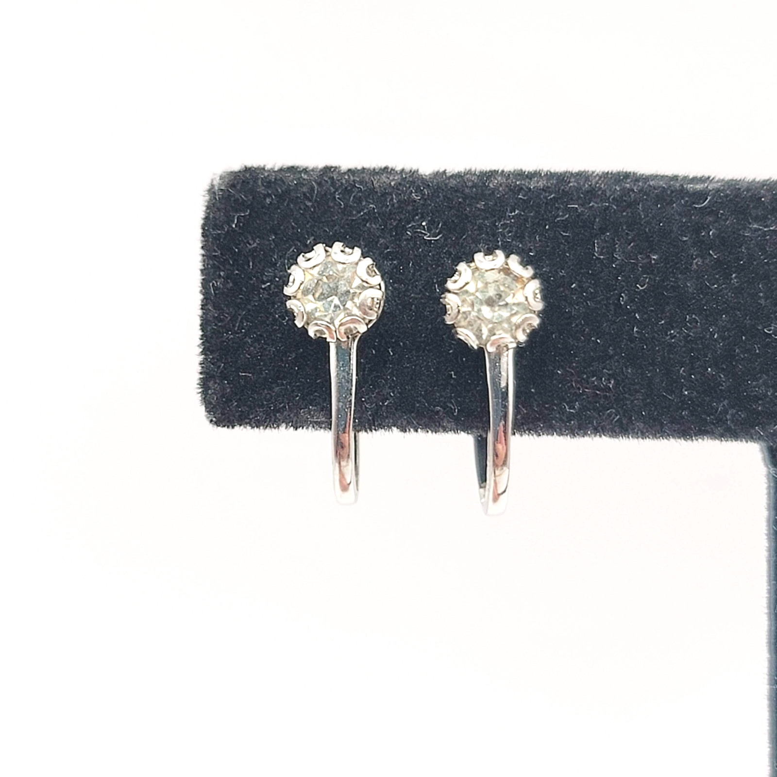 Vintage Stud Clip on Earrings Cubic Zirconia Silver tone 3/16 in