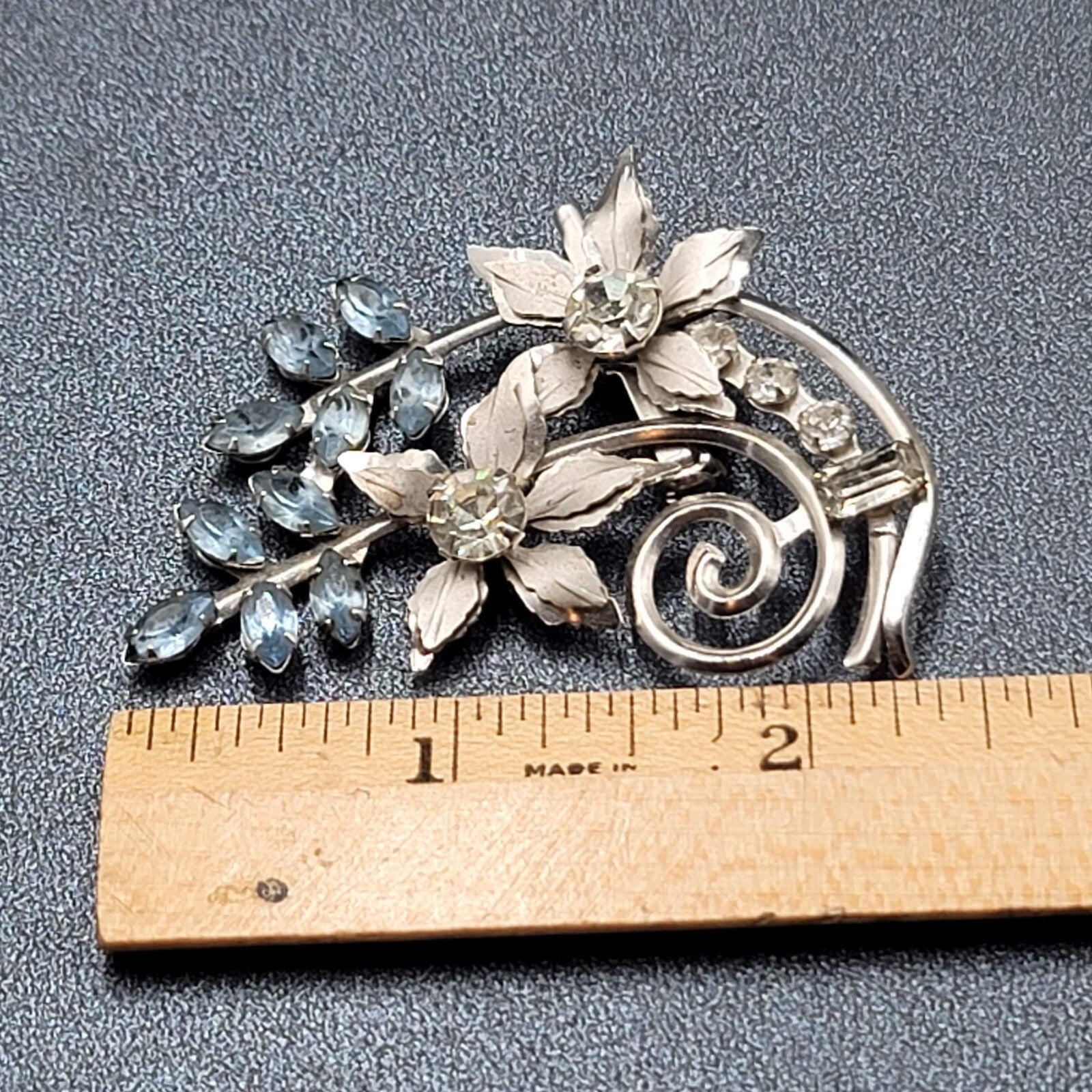 Vintage Brooch Blue Rhinestone Silver tone Pendant 2.25" Estate Jewelry