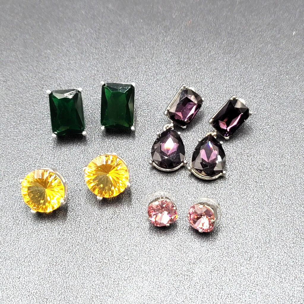 Lot of 4 Pierced Earrings Green Yellow Purple Pink Crystal Dangle Studs