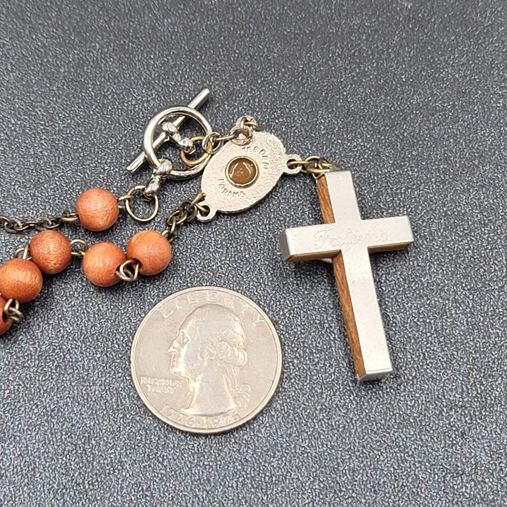 Rosary Bracelet Wood Beads Catholic Religious 8" Silver tone Metal