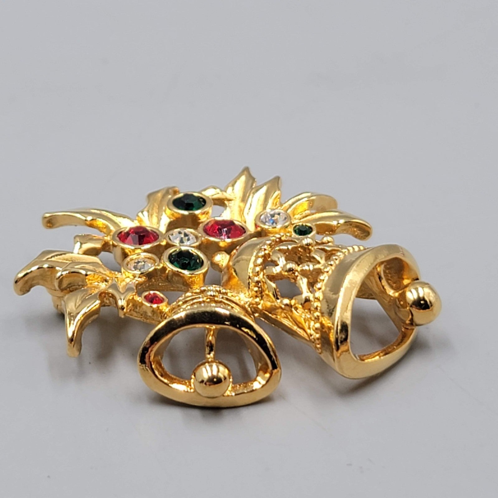 Vintage Avon Christmas Bells Brooch Gold Plated Rhinestone  2"