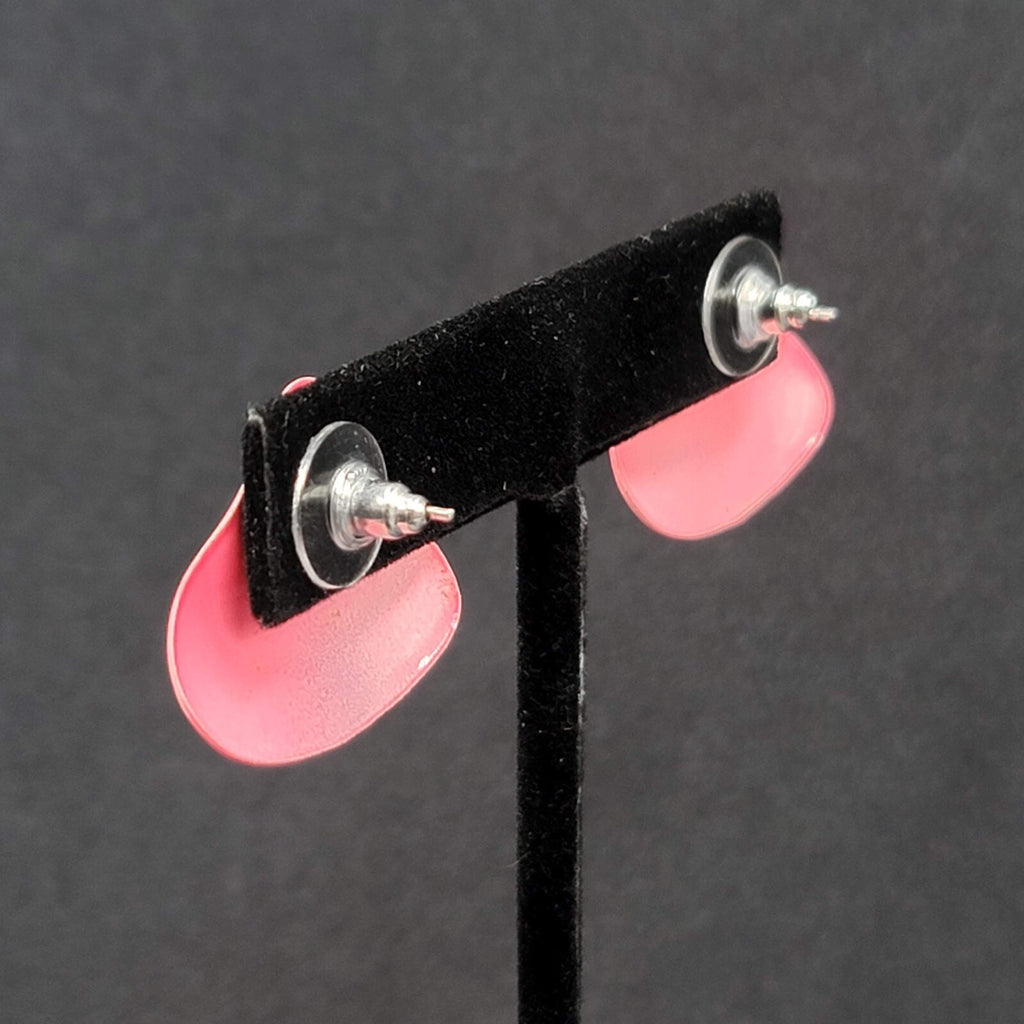 Vintage Pierced Earrings Pink Enamel Triangle Drop 1"