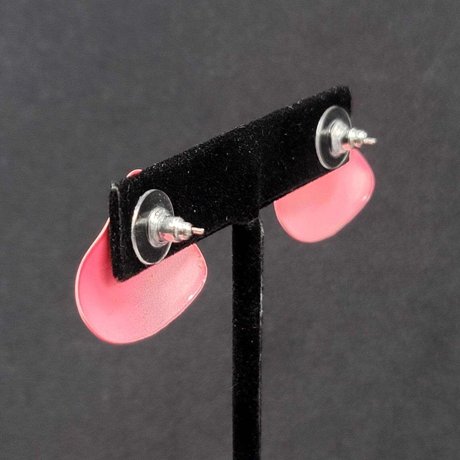 Vintage Pierced Earrings Pink Enamel Triangle Drop 1"