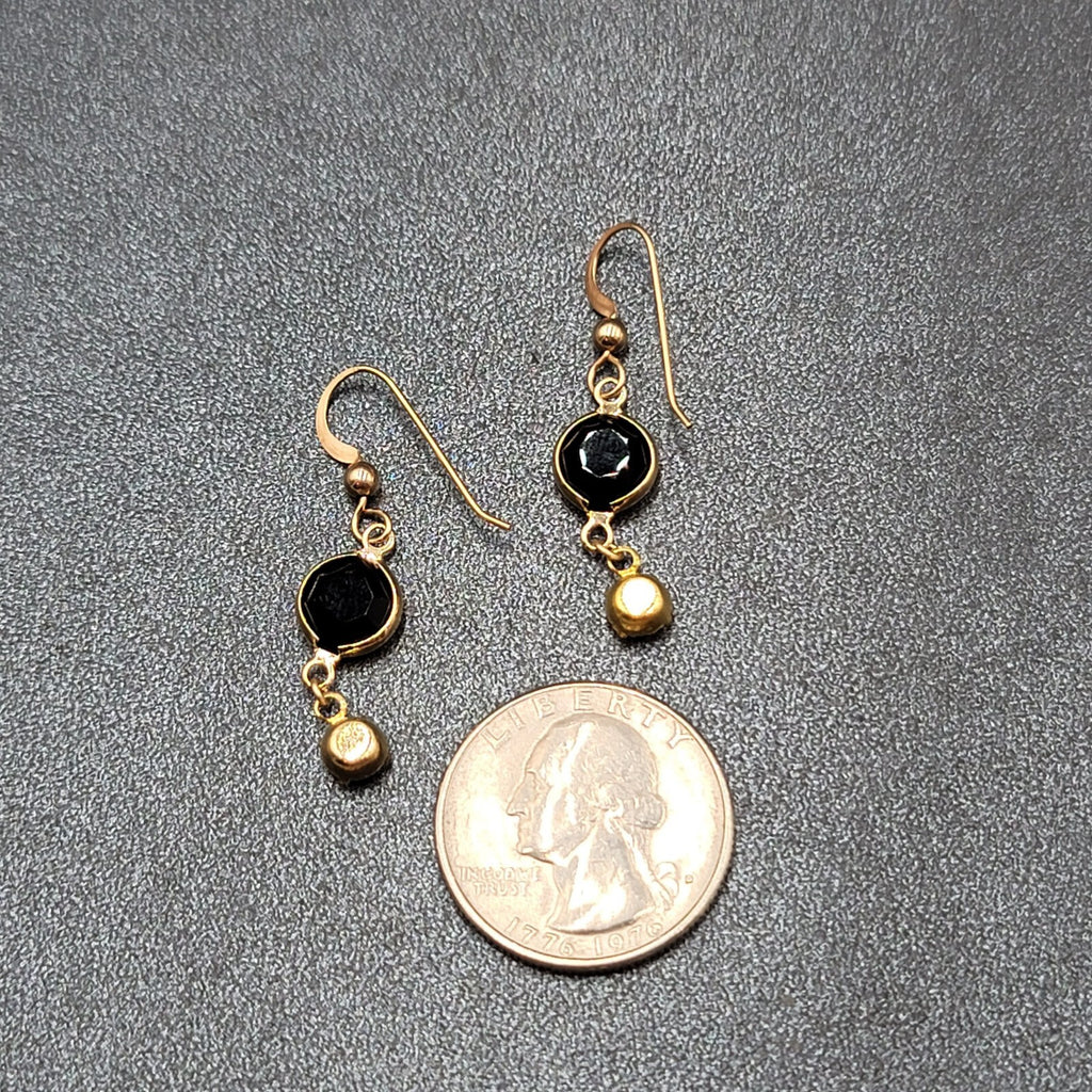 Pierced Earrings Gold tone Black Orange Rhinestone Dangle 1"
