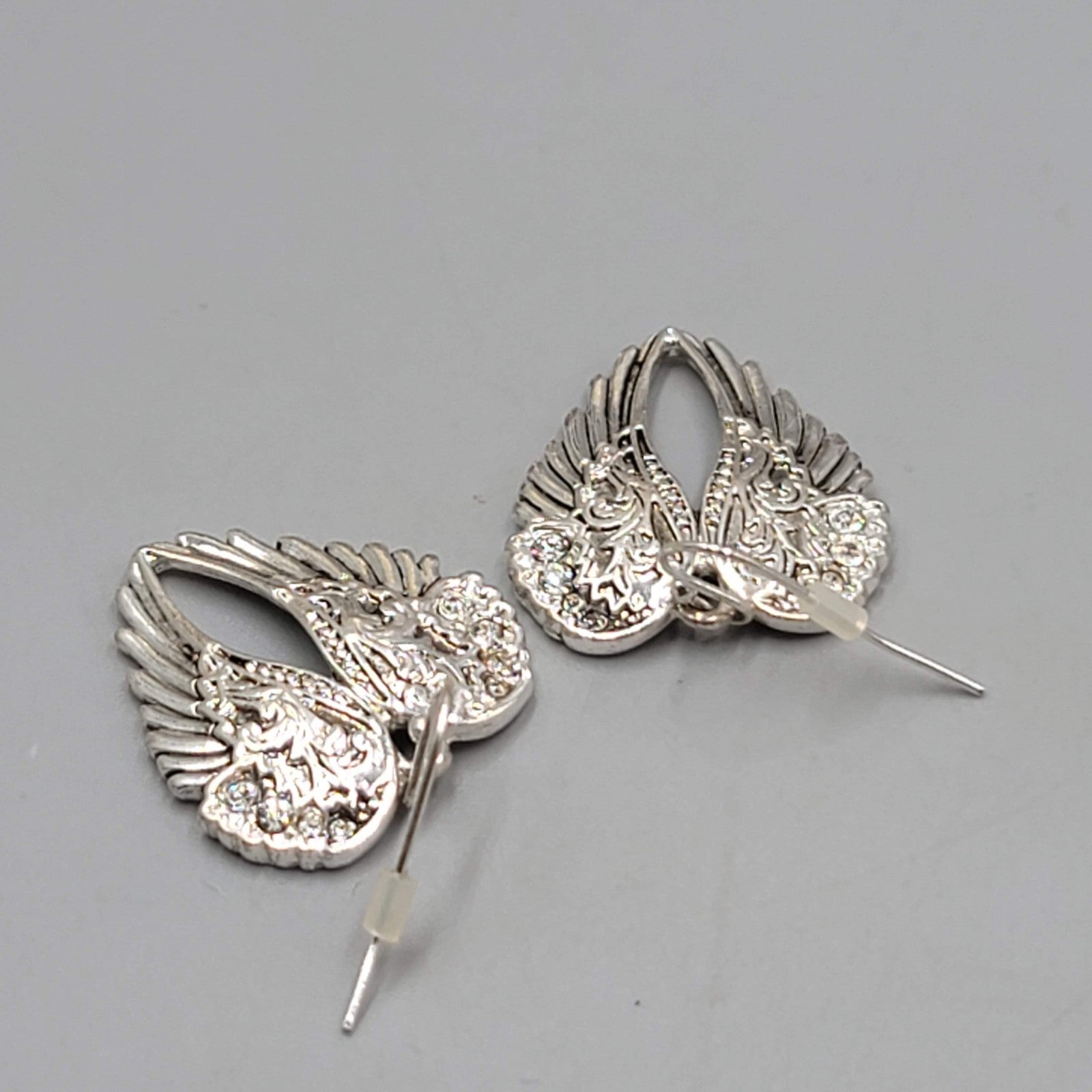 Crystal Angel Wings Pierced Earrings Silver tone Dangle 1"
