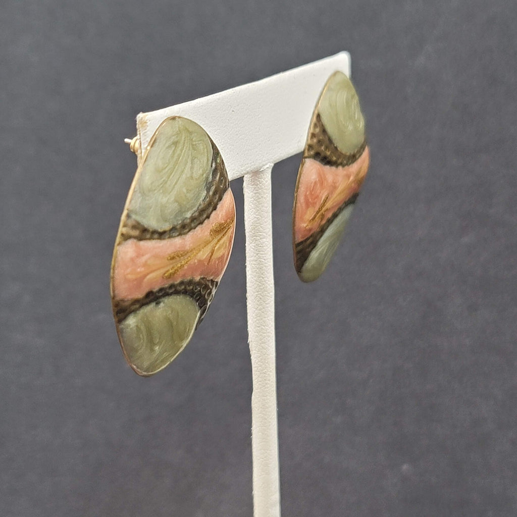 Vintage Pierced Earrings Mauve Pink Sage Green Enamel over Metal Drop 1.5"