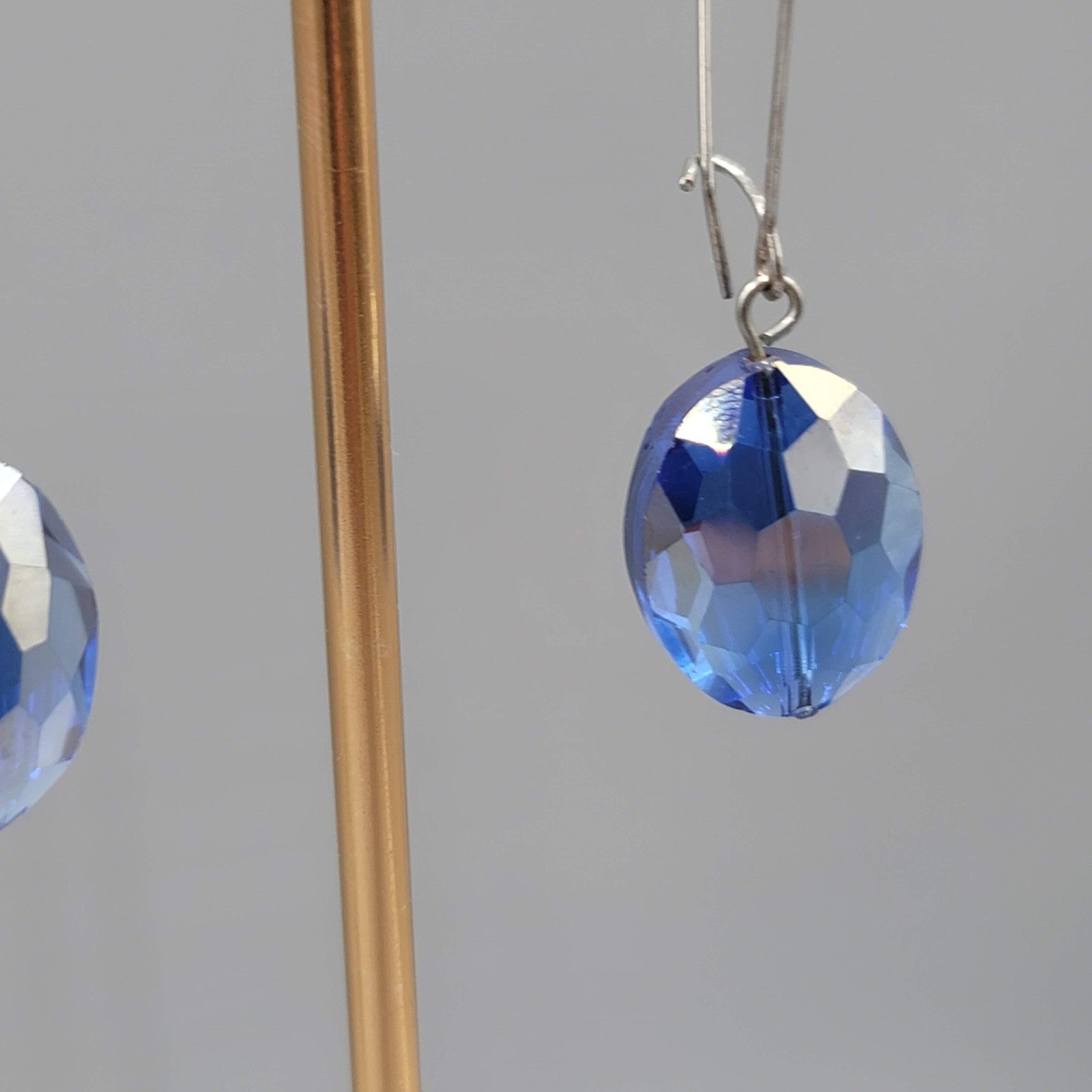Faceted Blue Crystal Bead Pierced Earrings Silver tone Dangle Long 2.75 in