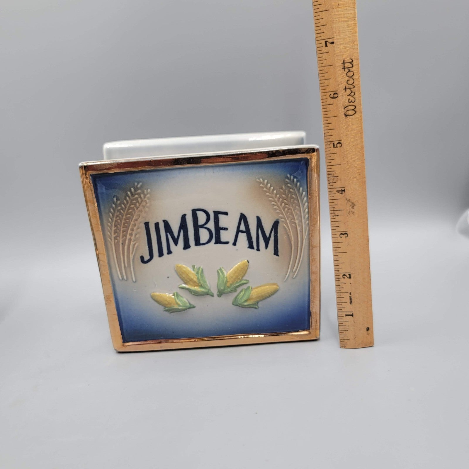 Jim Beam Tea Pot Napkin Holder and  2 Vases Corn Blue Set