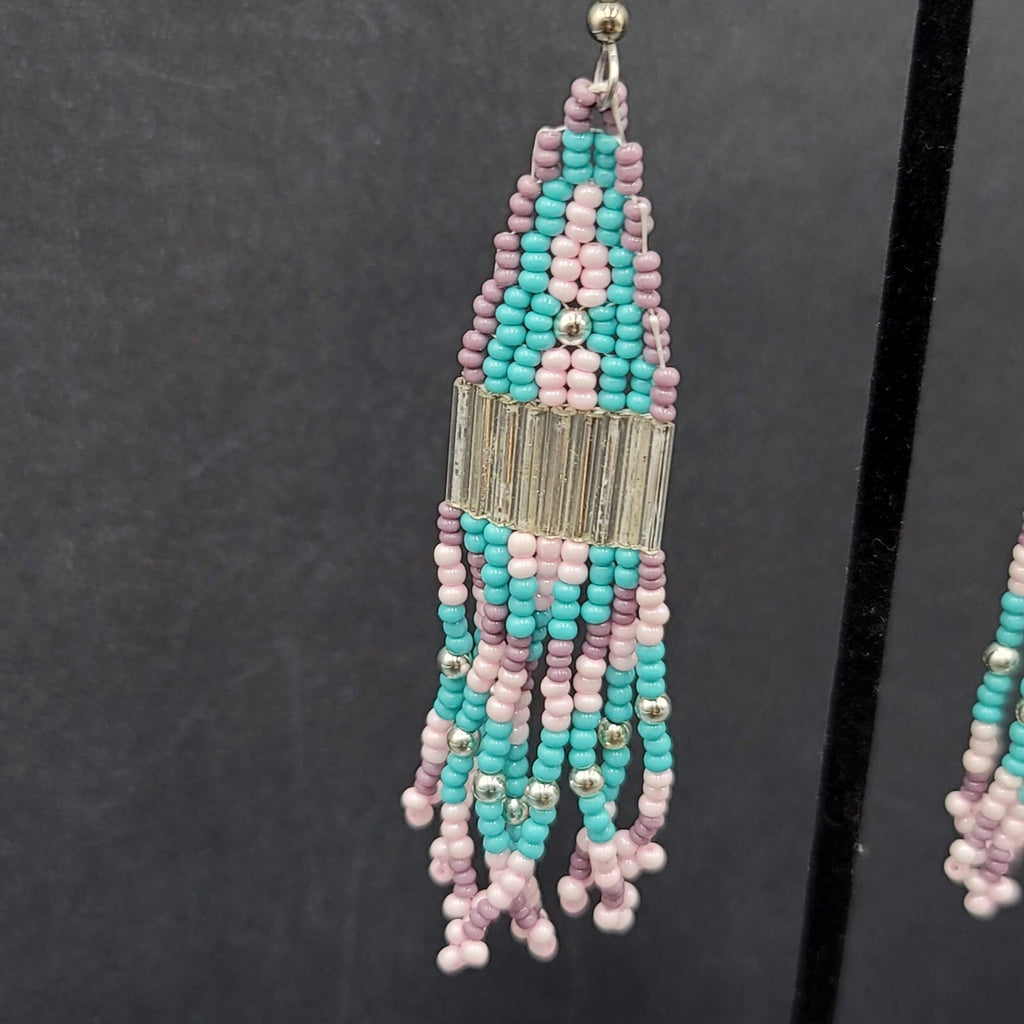 Pierced Earrings Blue Pink Purple Seed Bead Weaved 3 3/8"
