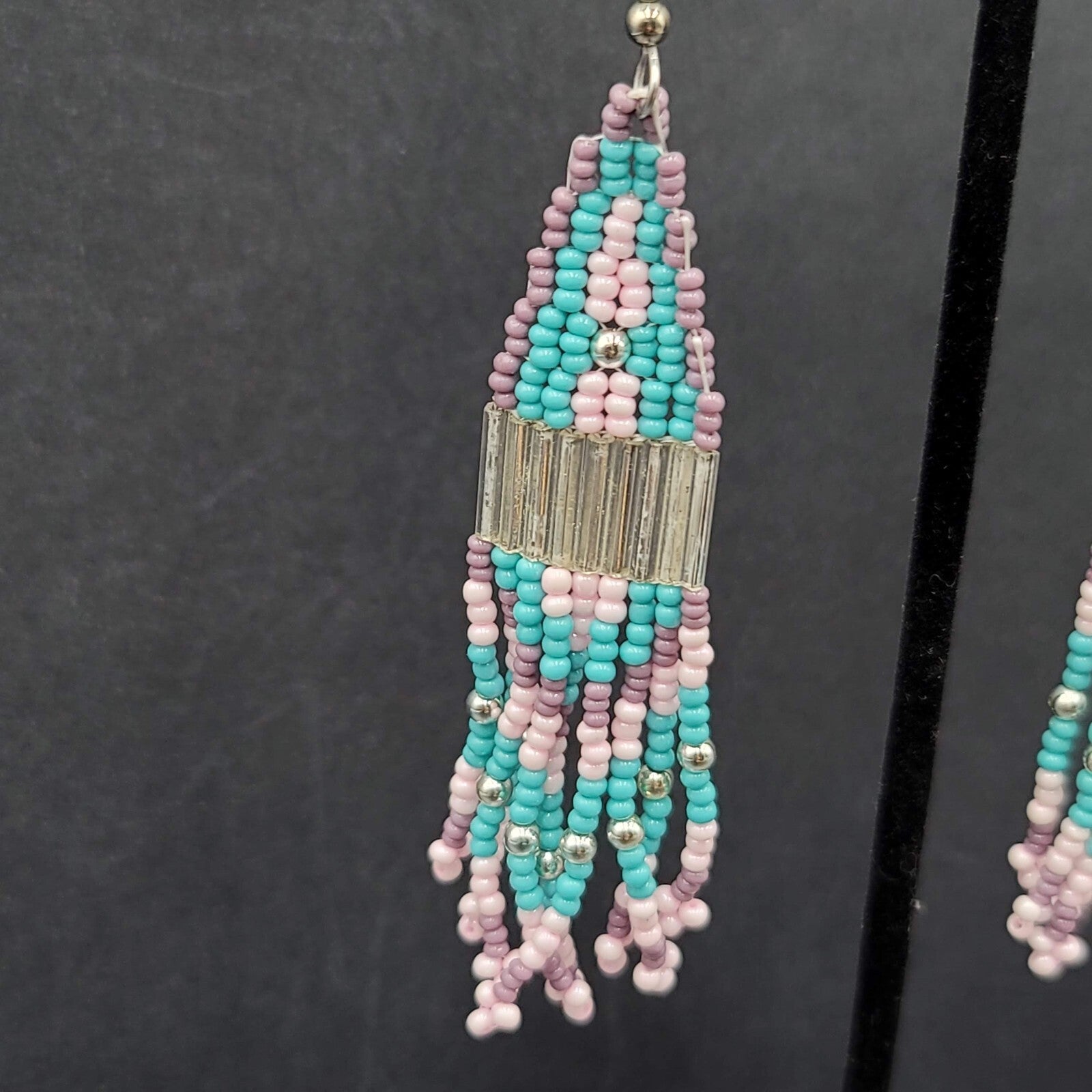 Pierced Earrings Blue Pink Purple Seed Bead Weaved 3 3/8"