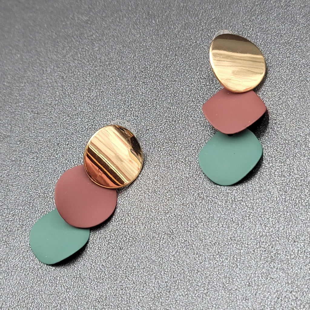 Pierced Earrings Gold tone Merlot Sage Enamel Dangle Discs 1 5/8"