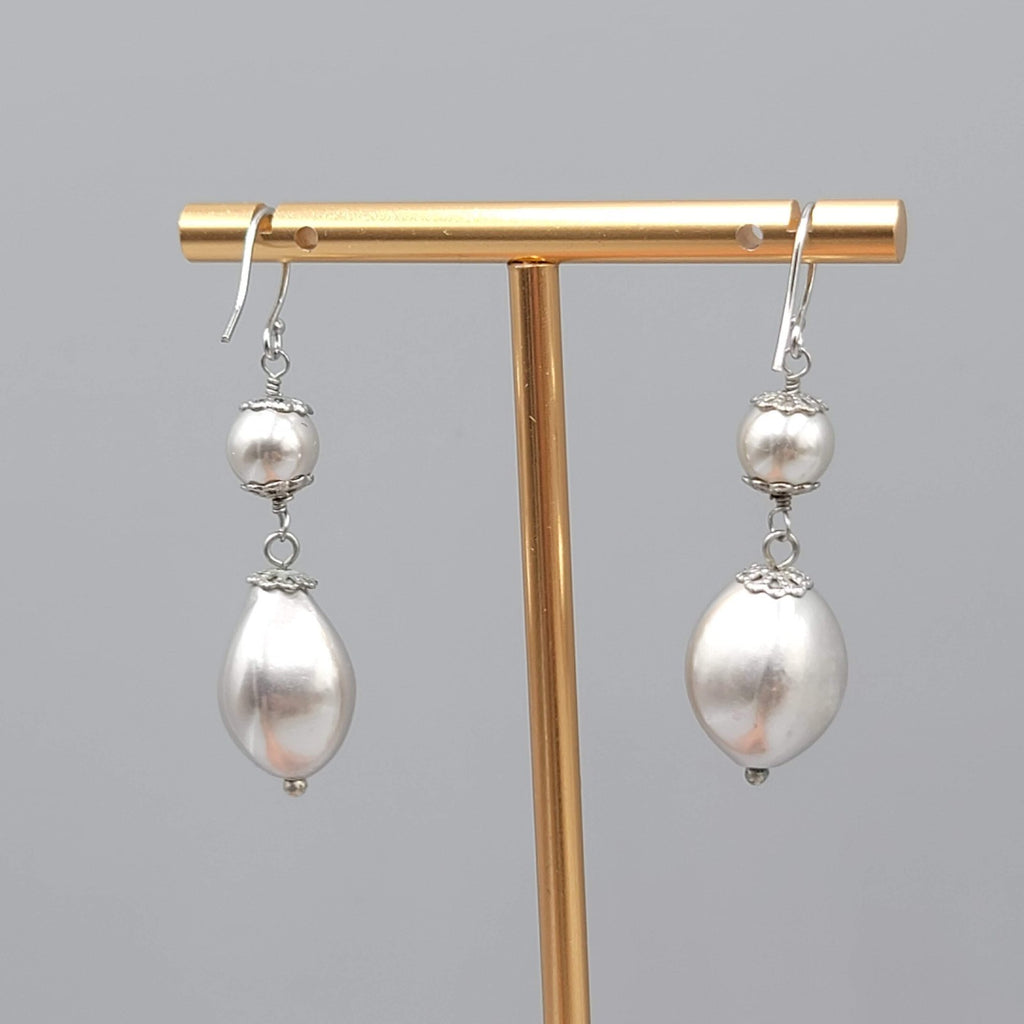 Satin Silver tone Filigree Cap Bead Pierced Earrings Dangle 1.5 in