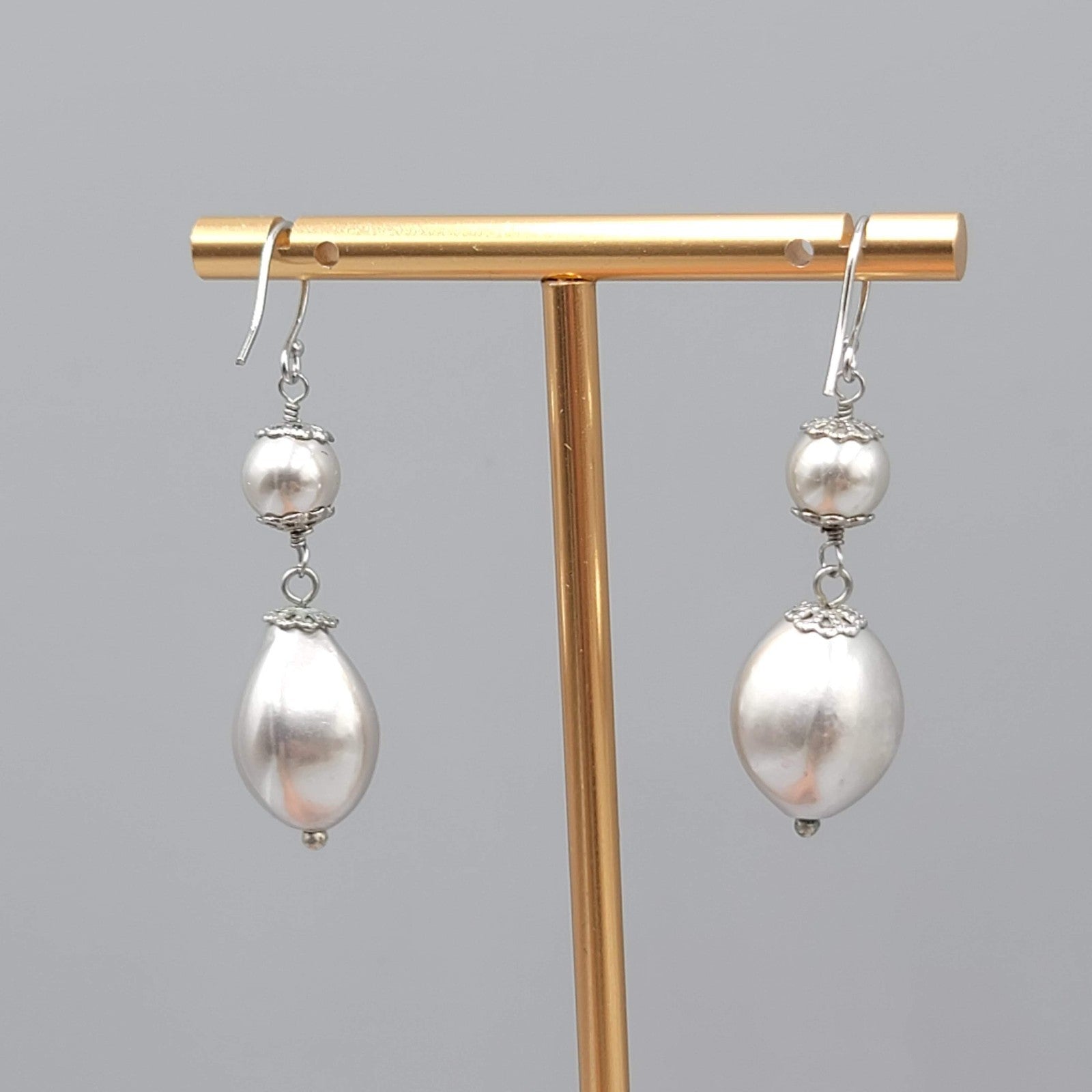 Satin Silver tone Filigree Cap Bead Pierced Earrings Dangle 1.5 in