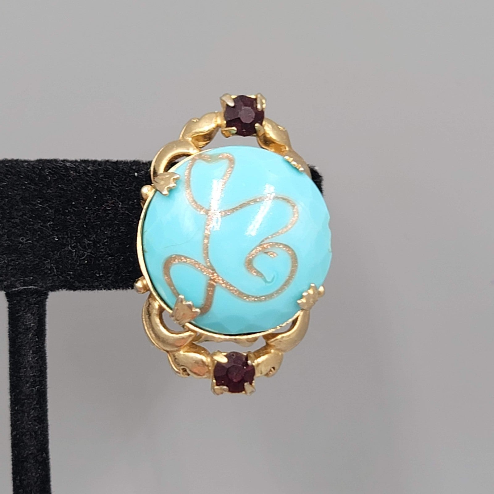 Vintage Blue Art Glass Clip on Earrings Gold tone Black Rhinestone 1.25 in