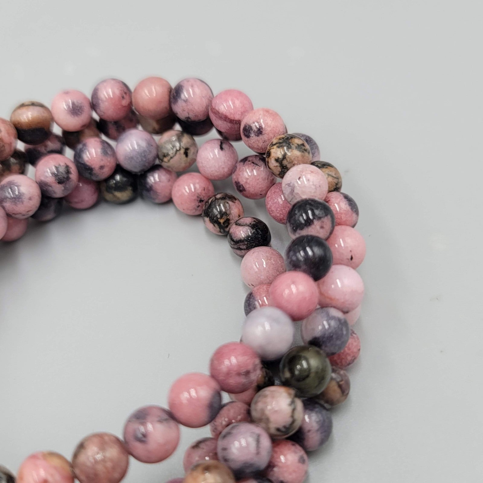 Pink Black Stone Beads Wrap Bracelet Memory Wire 7"