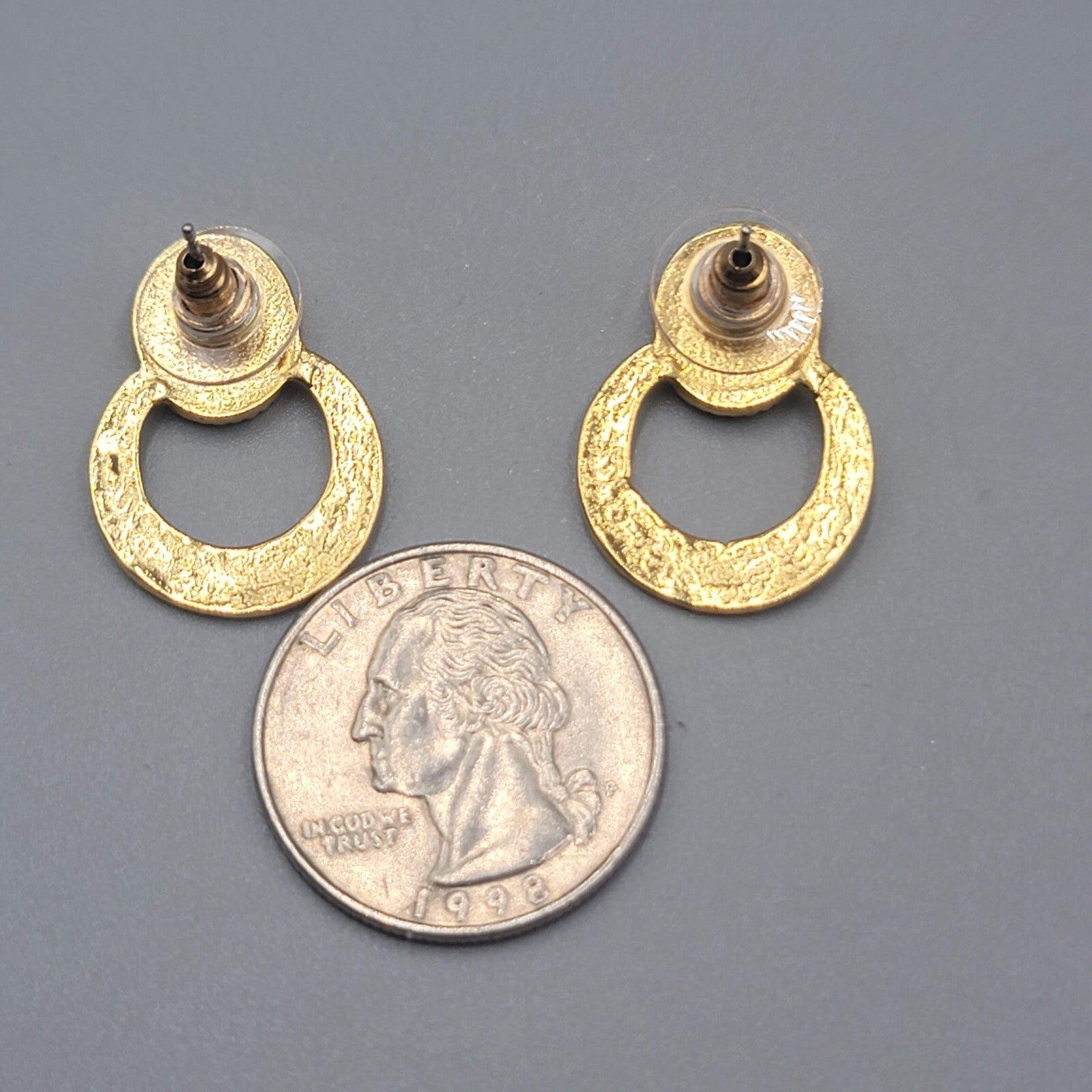 Gold tone Dark Gray Enamel Pierced Earrings Drop 1"