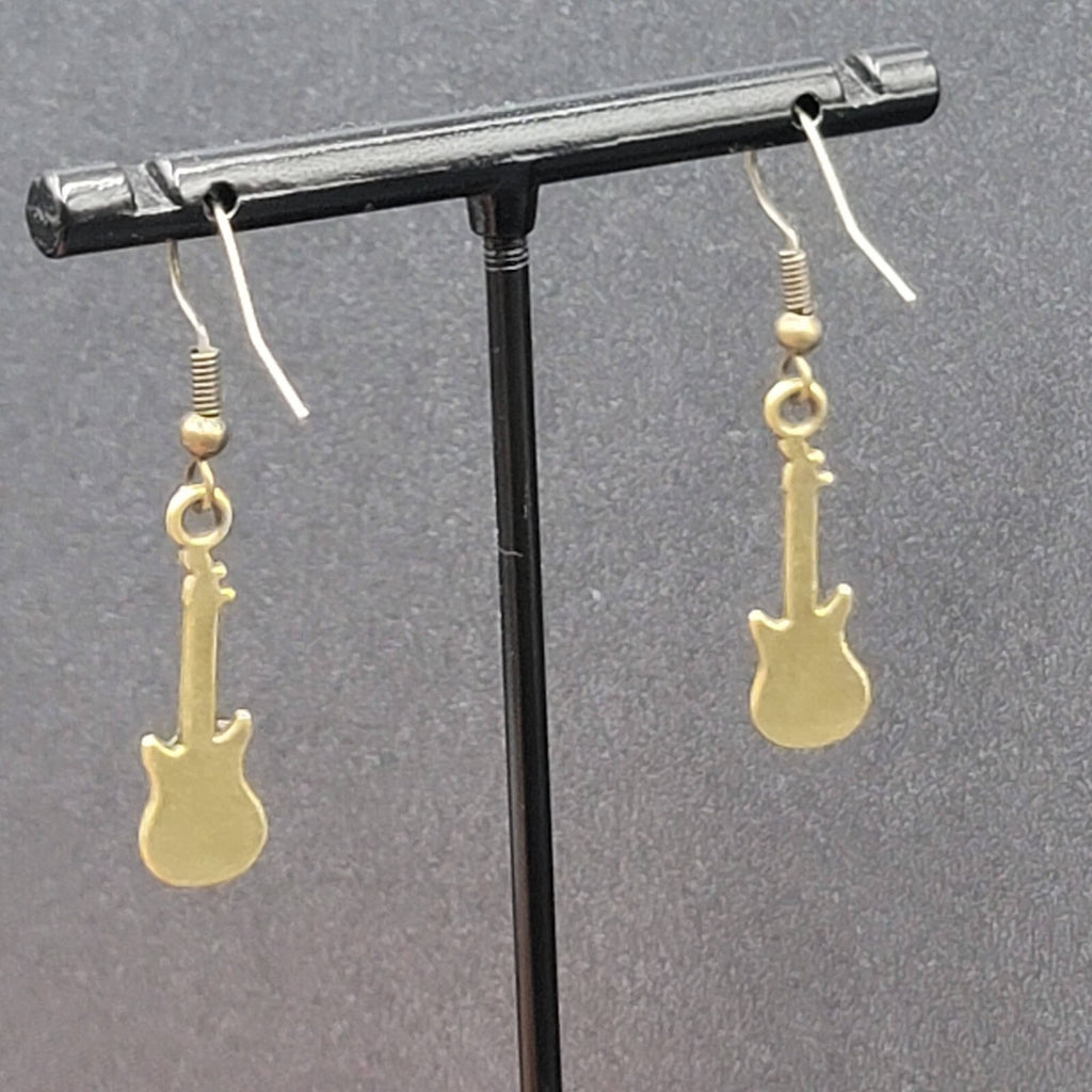 Electric Guitar Pierced Earrings Bronze tone Embossed Dangle 1"