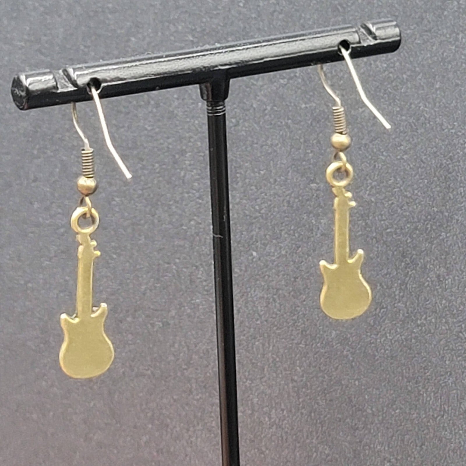 Electric Guitar Pierced Earrings Bronze tone Embossed Dangle 1"