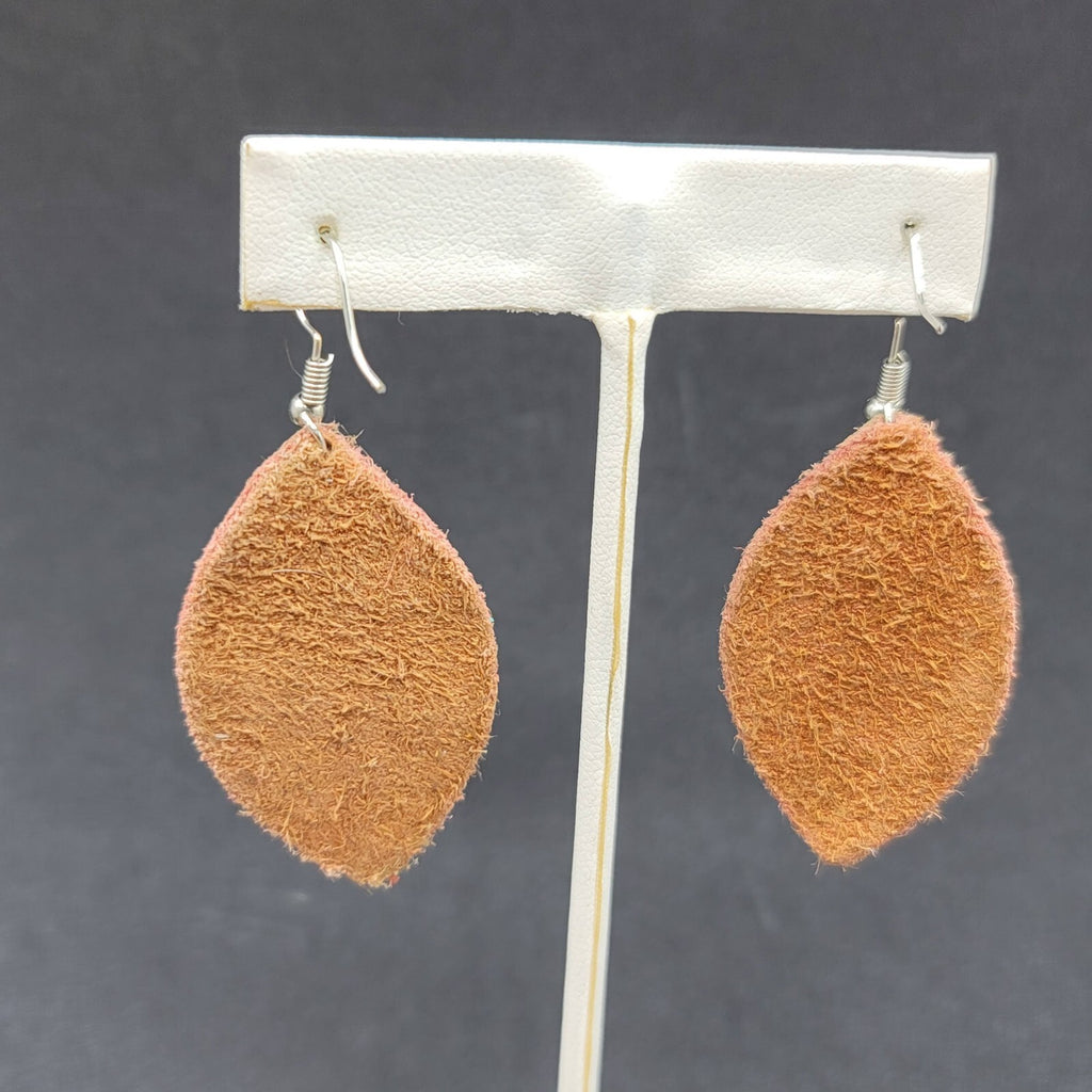 Bohemian Leather Teardrop Dangle Pierced Earrings 1.75" Metal Feather