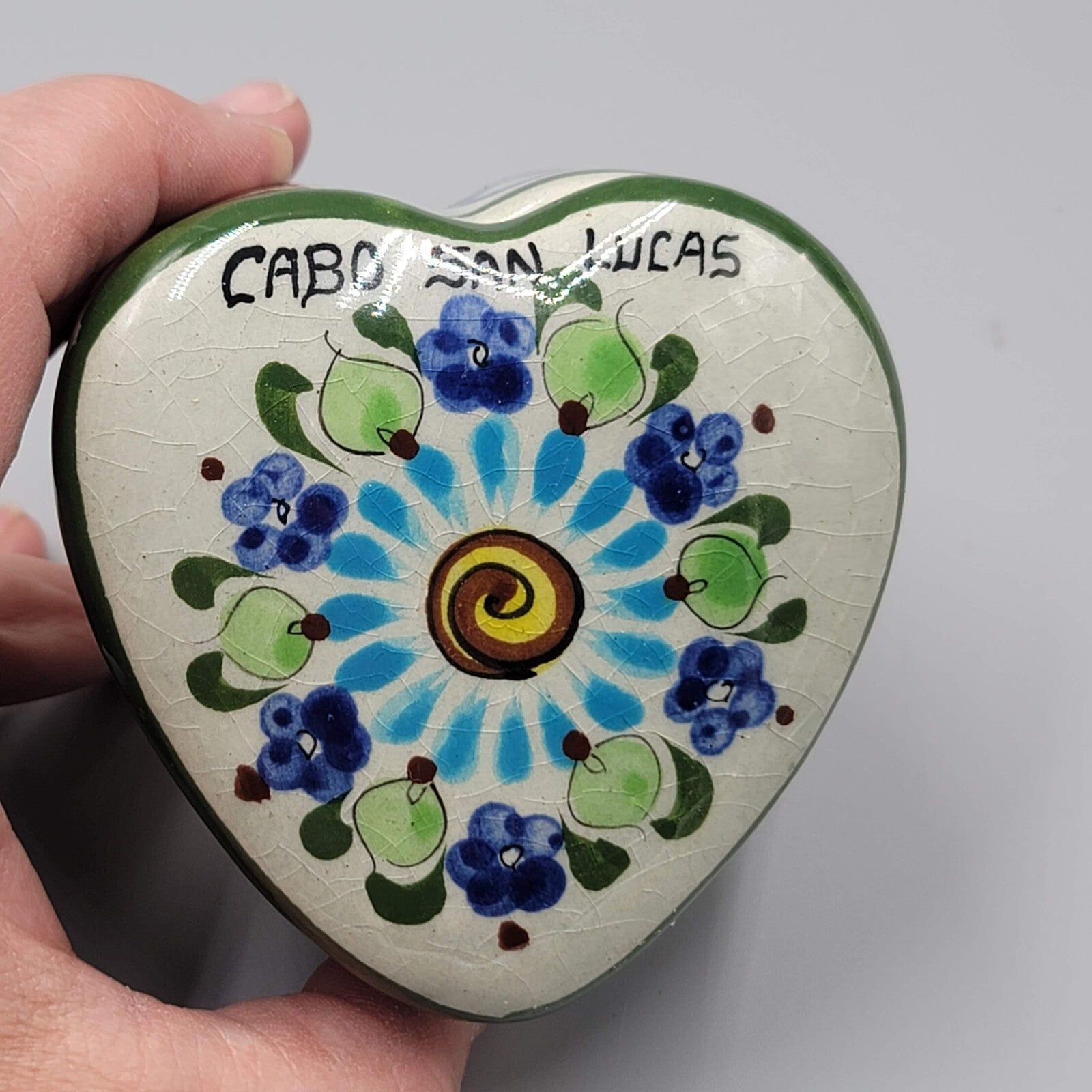 Mexico Heart Shaped Trinket Jewelry Box Tonala Pottery Signed CAT Cabo San Lucas
