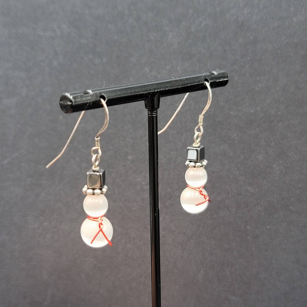 Snowman Pierced Earrings White Cats Eye Beads Hematite Hat Dangle 7/8"