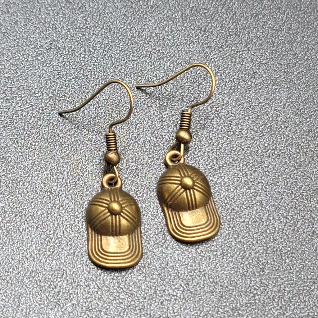 New Baseball Hat Pierced Earrings Bronze tone Dangle 3/4"