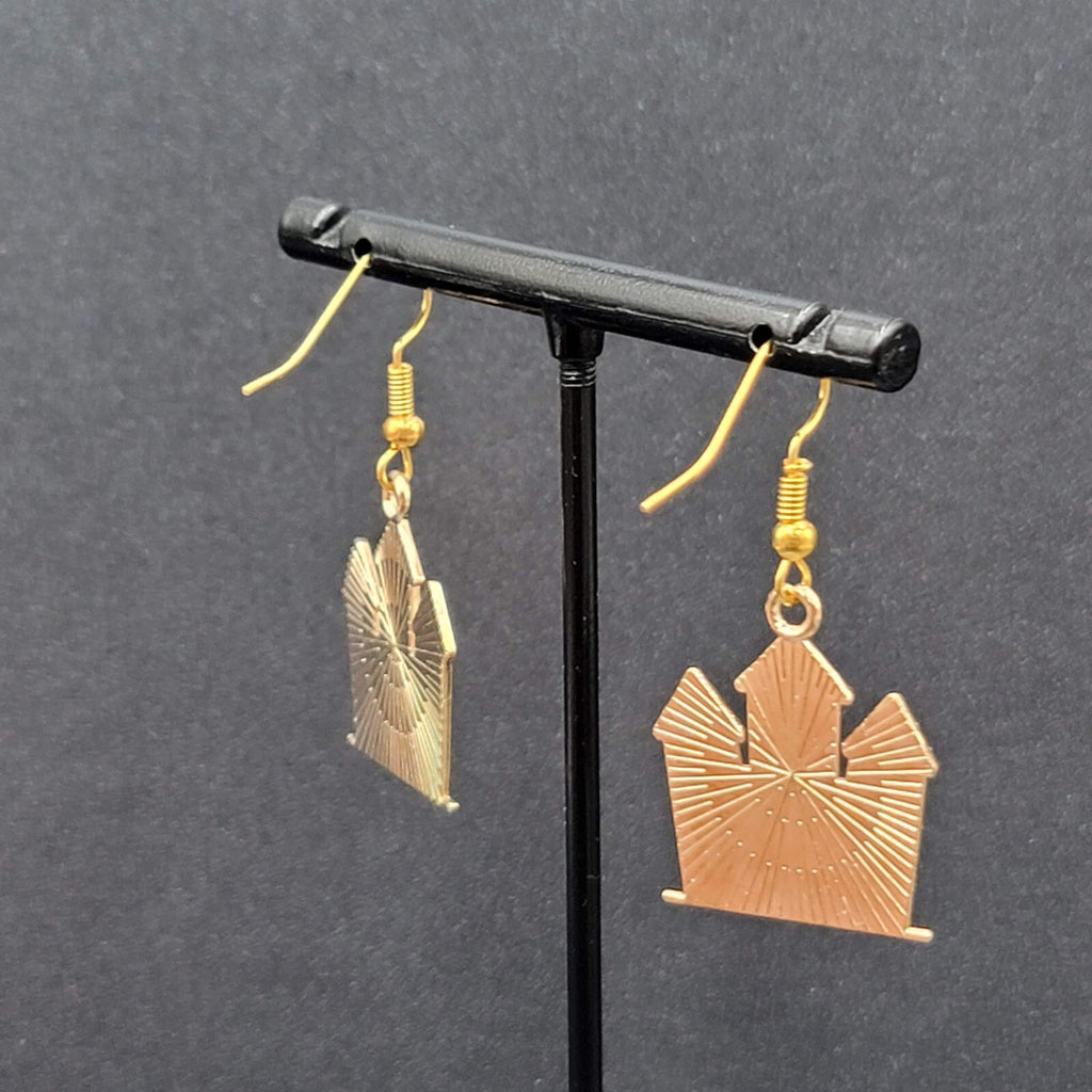 Purple Haunted House Halloween Pierced Earrings Gold tone Enamel Dangle 1"