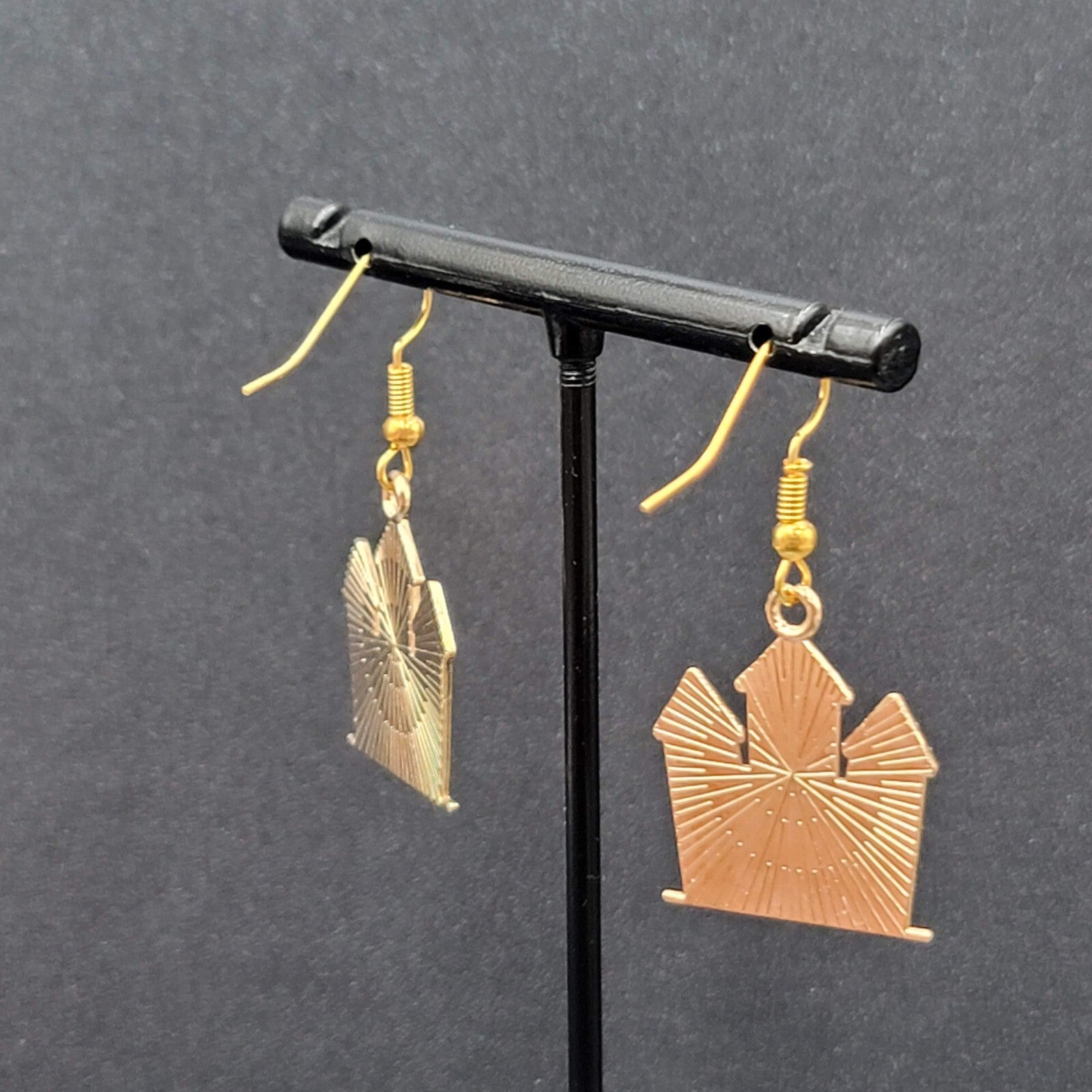Purple Haunted House Halloween Pierced Earrings Gold tone Enamel Dangle 1"