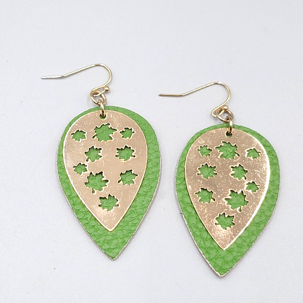 Gold tone Green Pierced Earrings Layered Metal over Faux Leather Dangle 2"