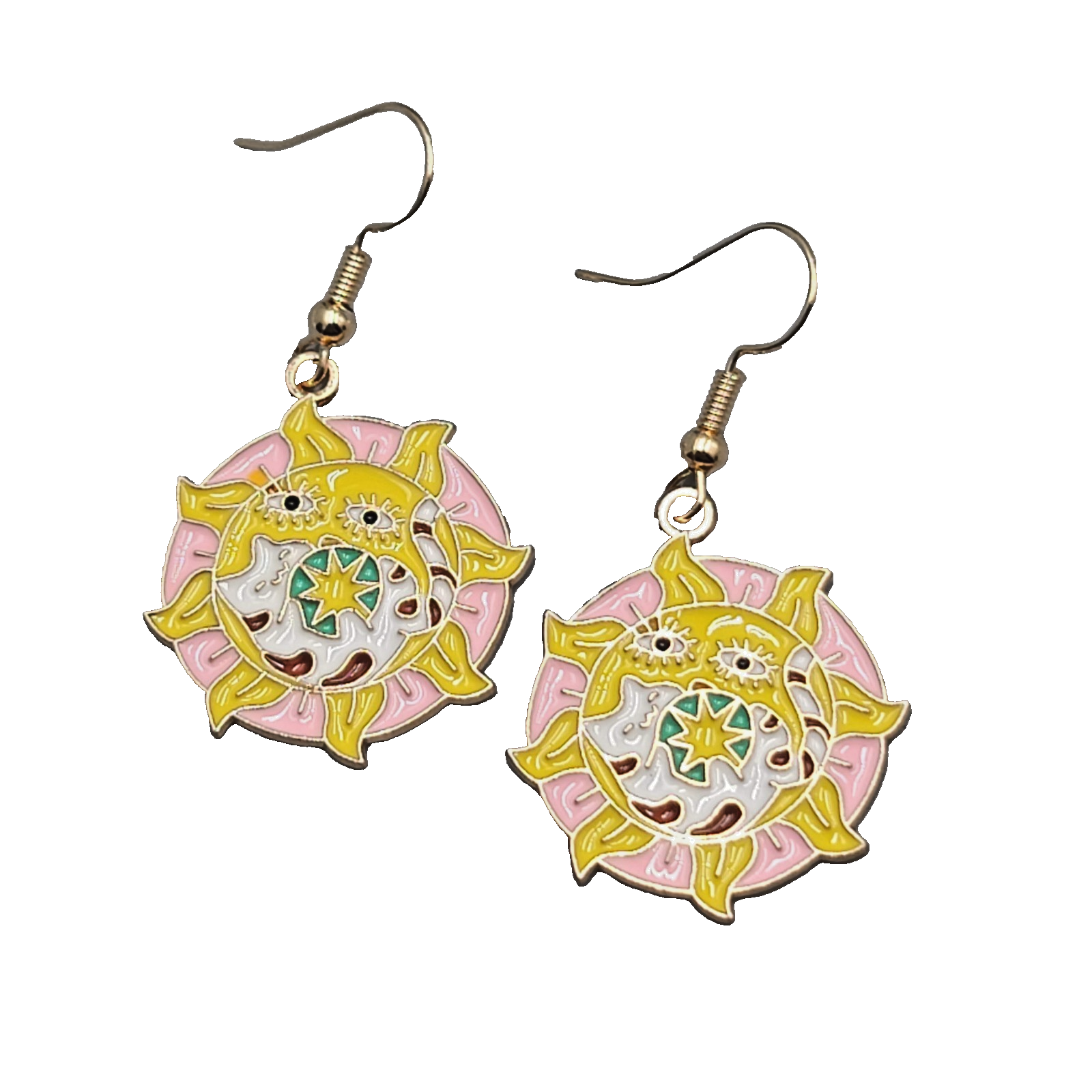 Kitty Cat in the Sun Enamel Pierced Earrings Gold tone Dangle 1 1/8"