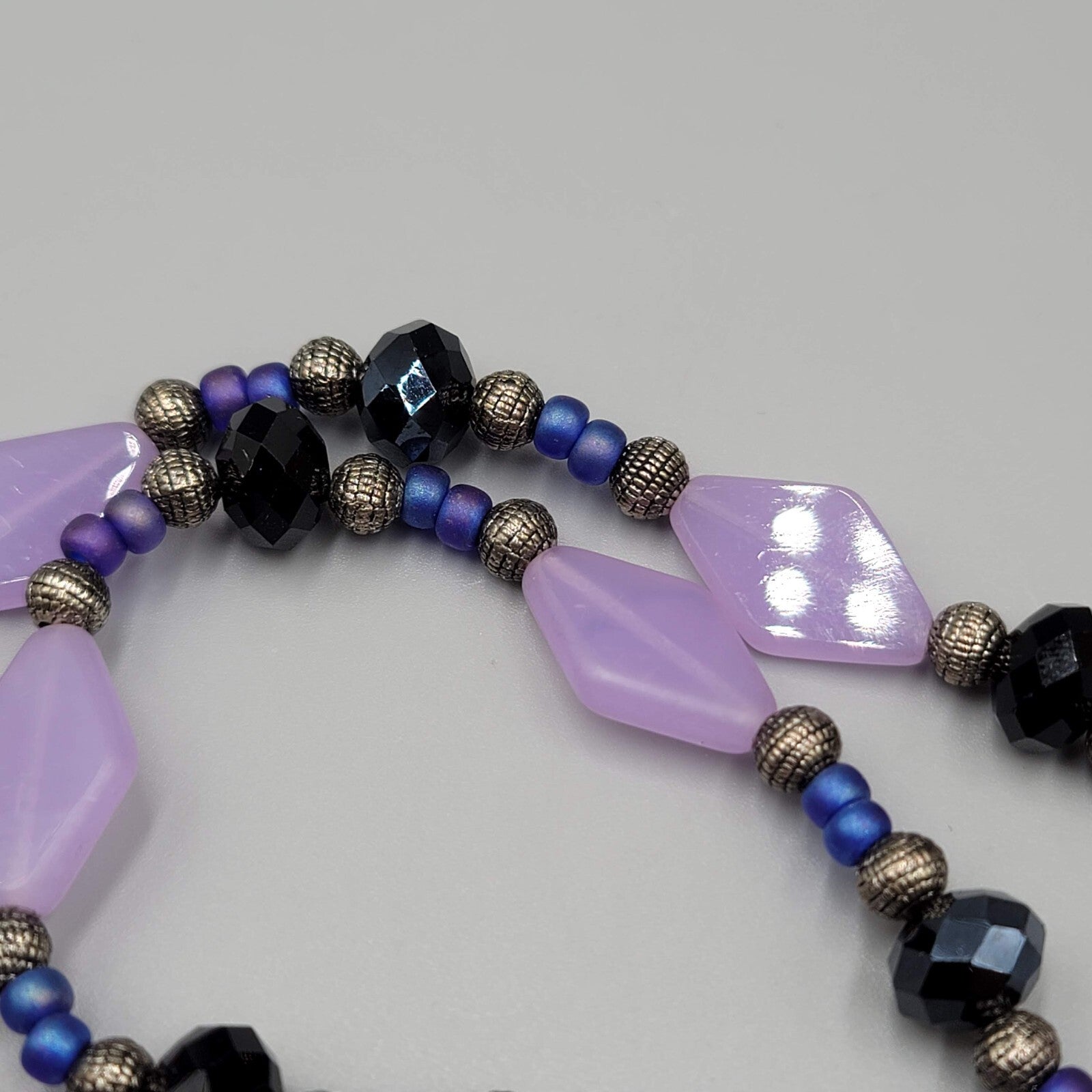 Purple Bead Pendant NecklaceSilver tone Black Beads  22"