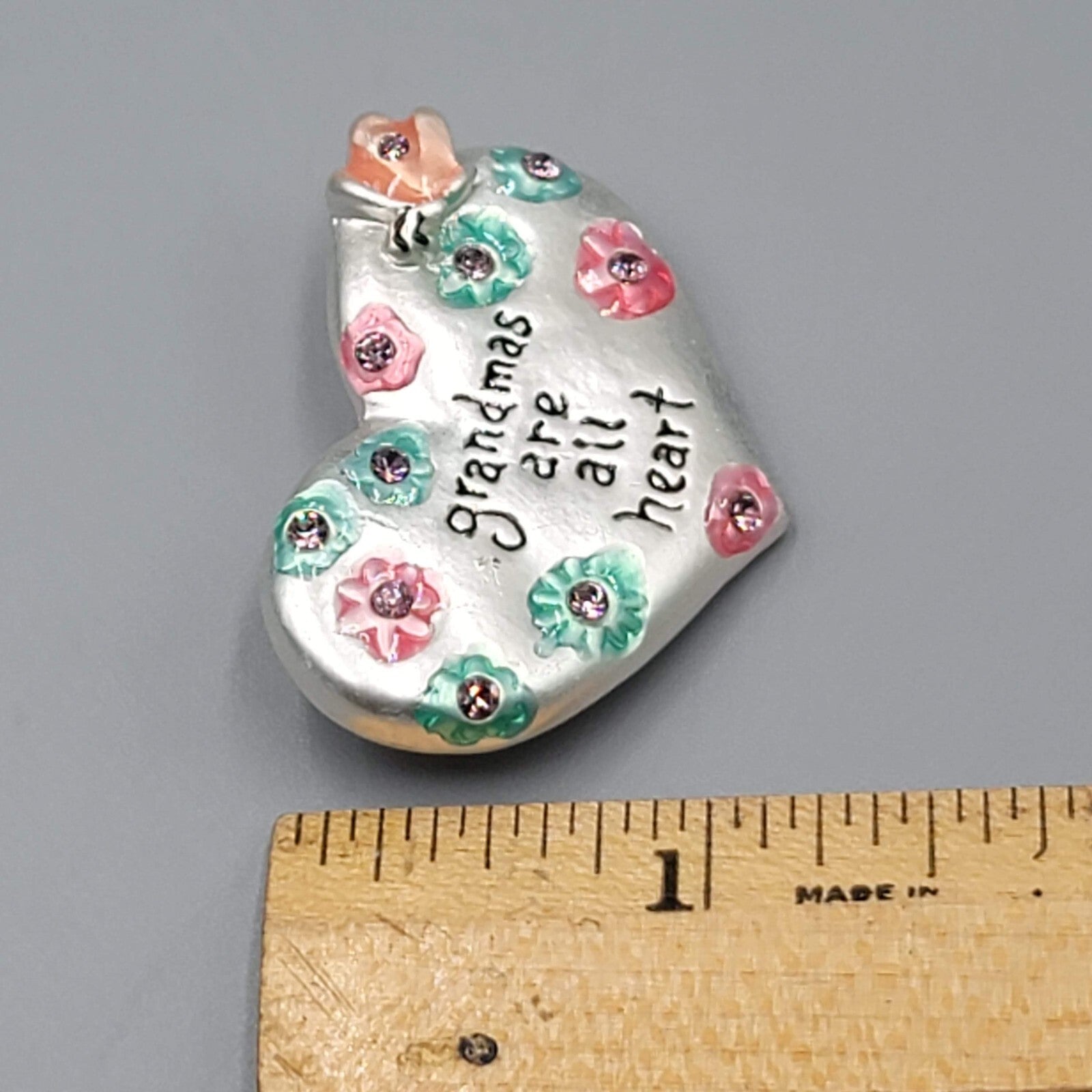 Grandmas are all Heart Brooch Silver tone Enamel Flowers Rhinestones 1.5"w