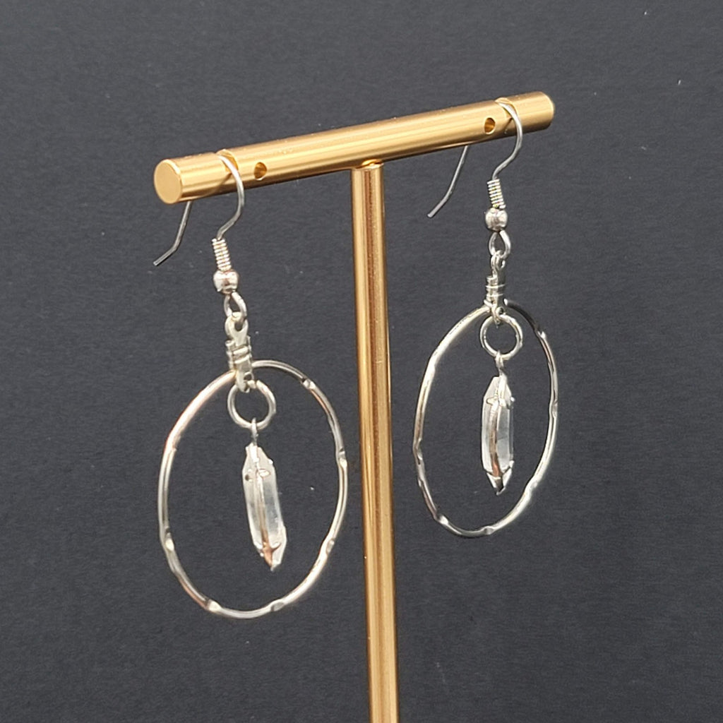 Silver tone Dangle Hoop Pierced Earrings Rhinestone Accent 1.5"