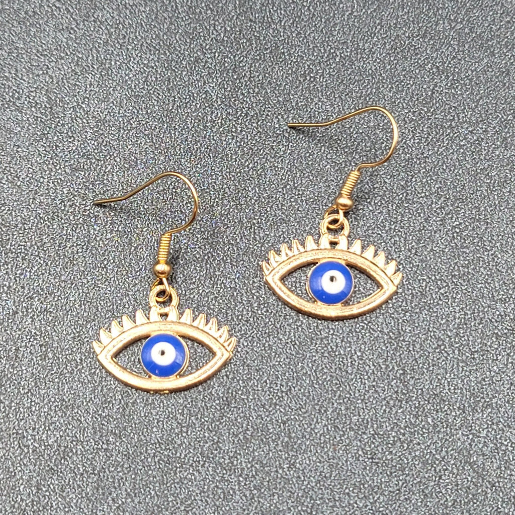 New Evil Eye Pierced Earrings Gold tone Enamel Dangle 3/4"