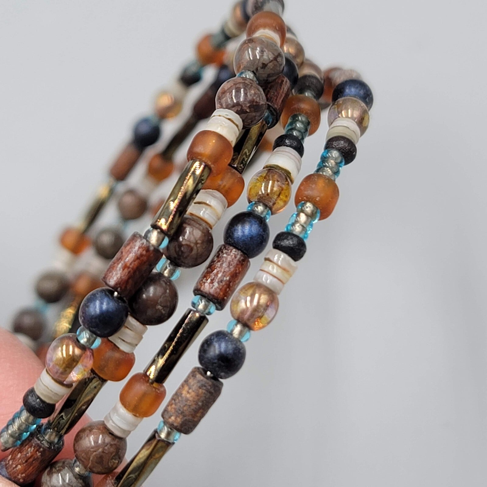 Glass Bead Shell Bracelet Brown Black Memory Wire