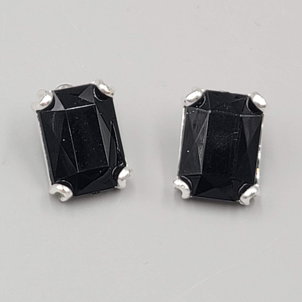Black Faceted Pierced Earrings Silver tone Rectangle Drop 3/4"