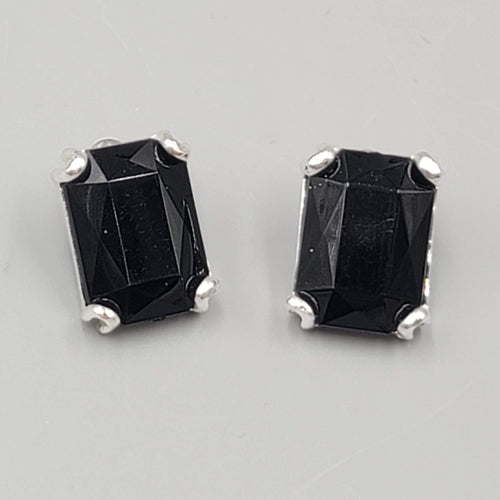 Black Faceted Pierced Earrings Silver tone Rectangle Drop 3/4"