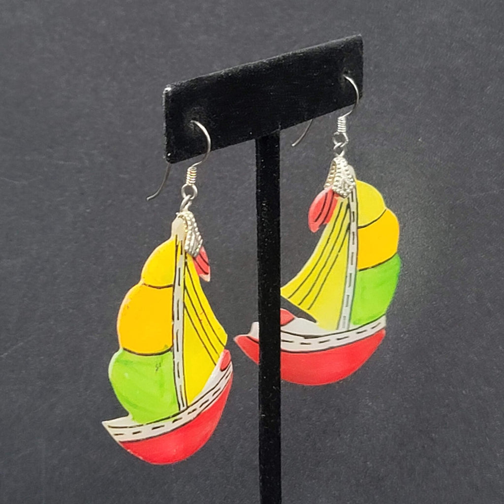 Vintage Sailboat Pierced Earrings Hand Painted Mother of Pearl Carved Shell 2"