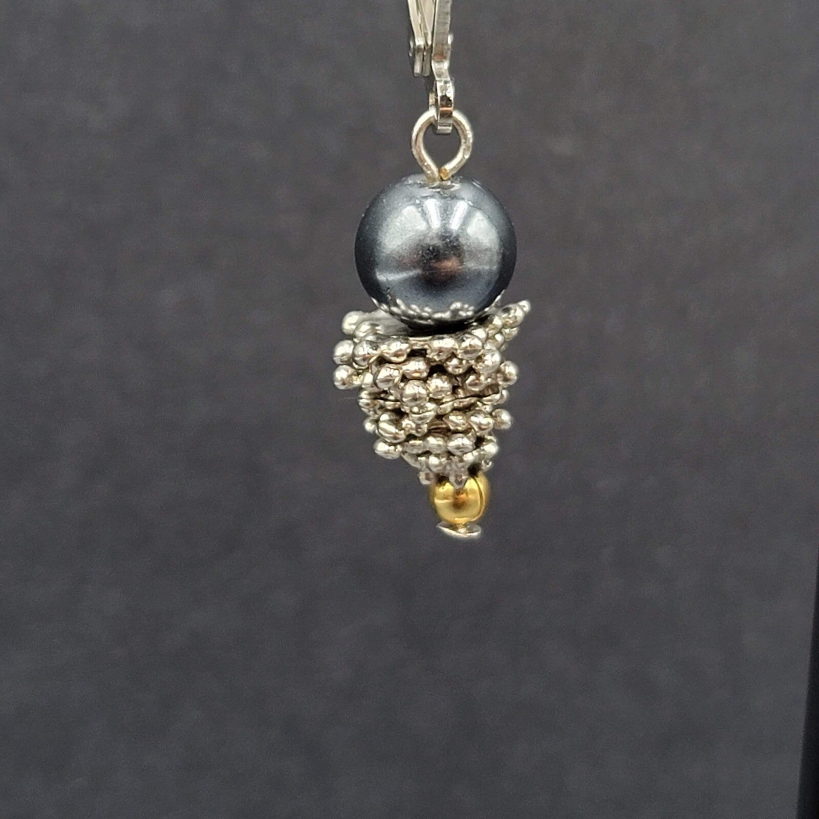Pierced Earrings Silver tone Black Bead Dangle  7/8"