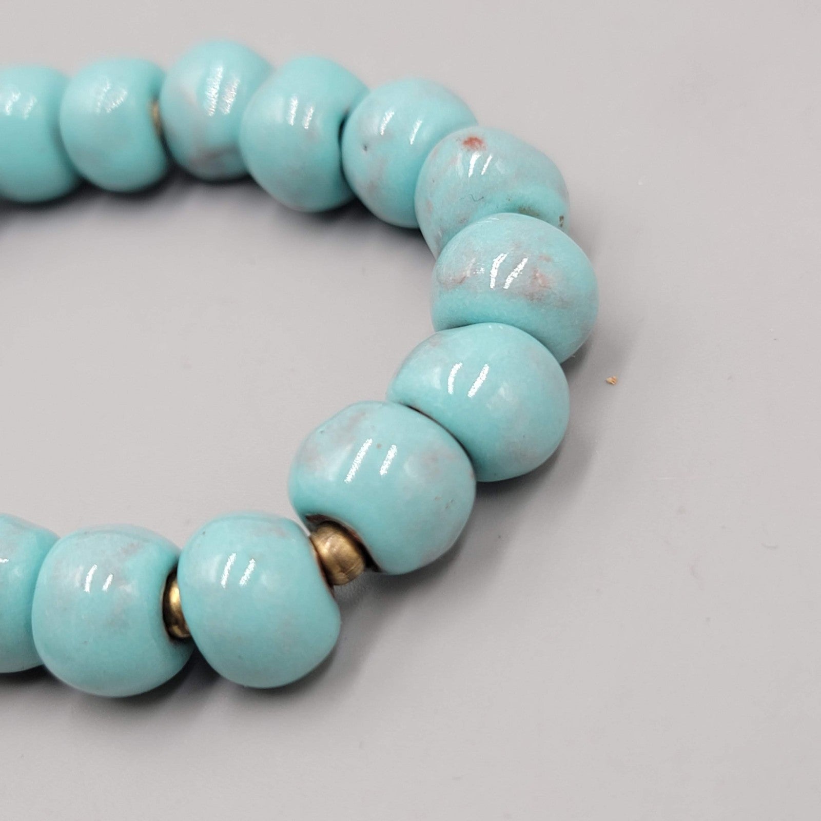 Signed Blue Pottery Blue Bracelet Brass HUMBLE Charm 6.5" Elastic Stretch