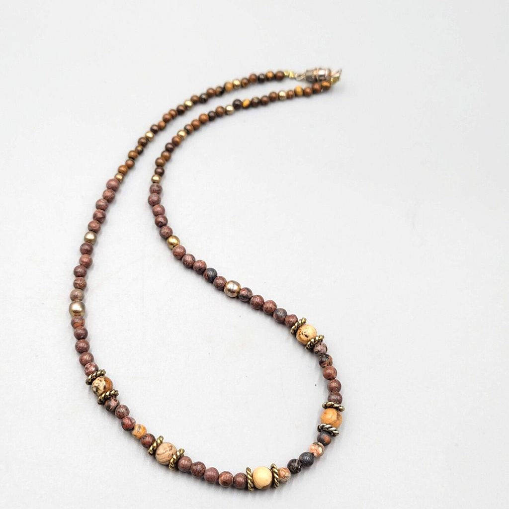 Vintage Agate Stone Small Bead Necklace Gold tone Spacers 16"