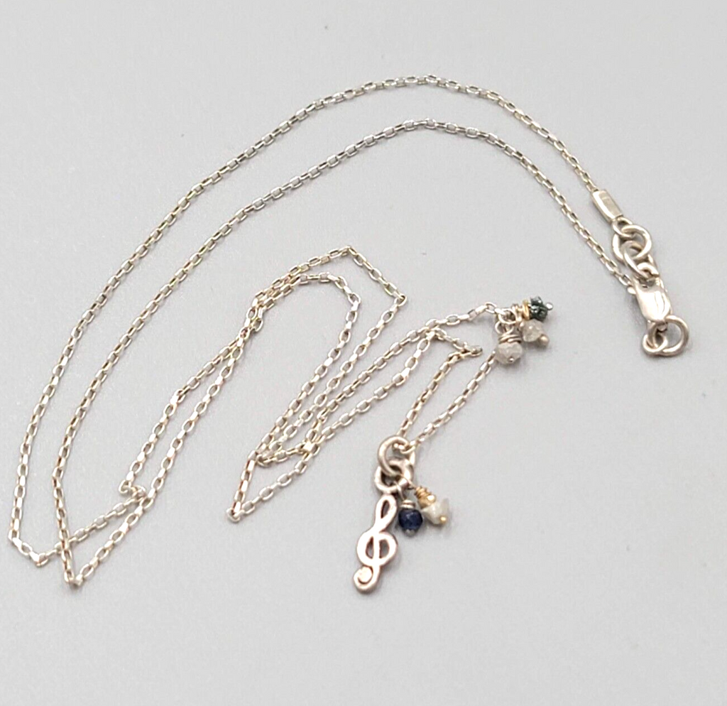 Dainty Sterling Silver Treble Clef  Necklace Quartz Bead 18"