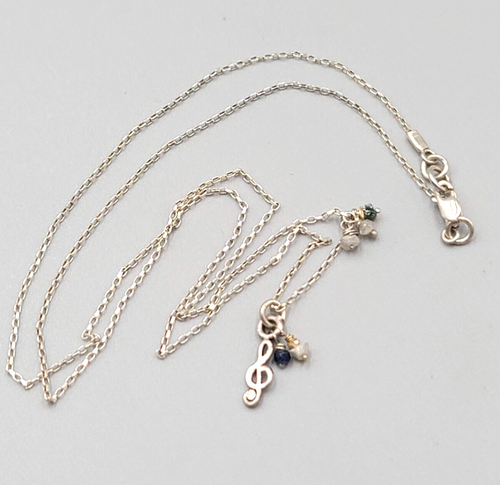 Dainty Sterling Silver Treble Clef  Necklace Quartz Bead 18"