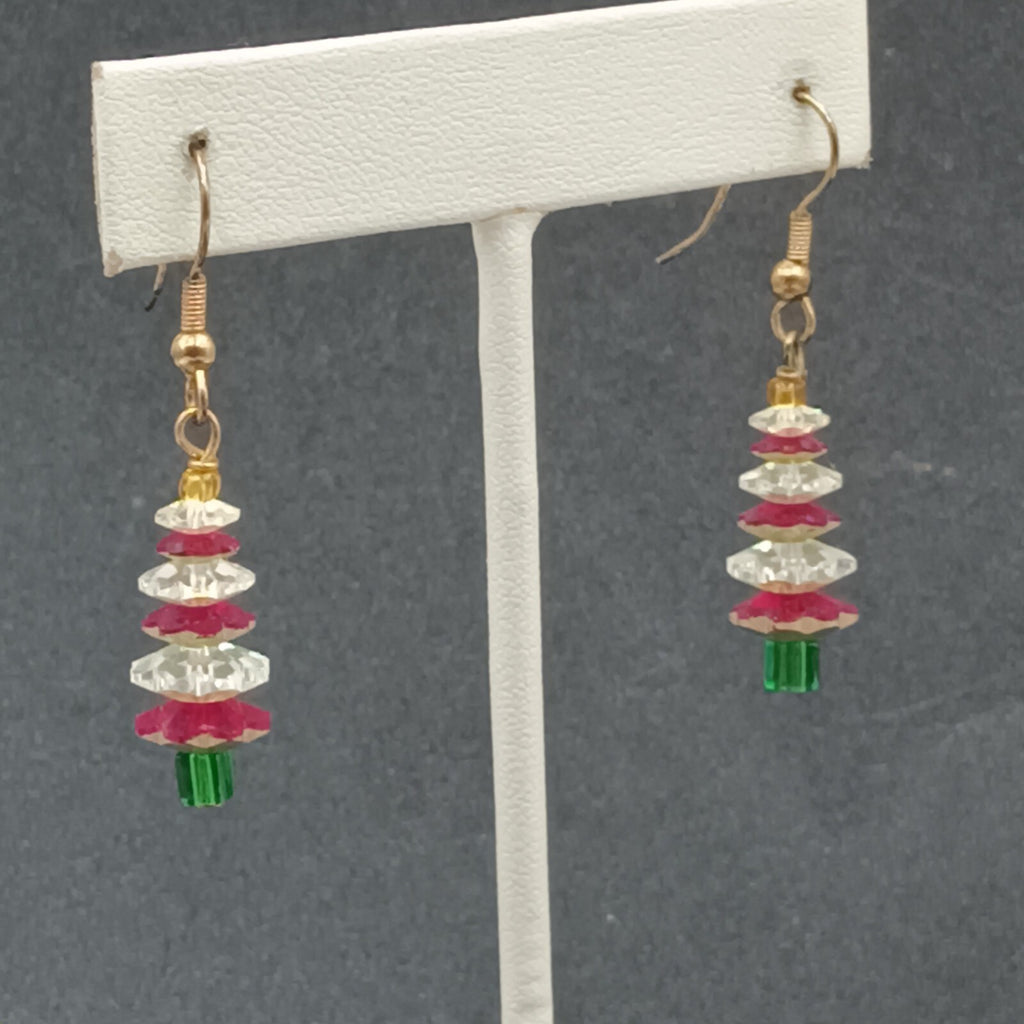 Pierced Earrings Red White Crystal Bead Christmas Tree Statement Dangle 1"
