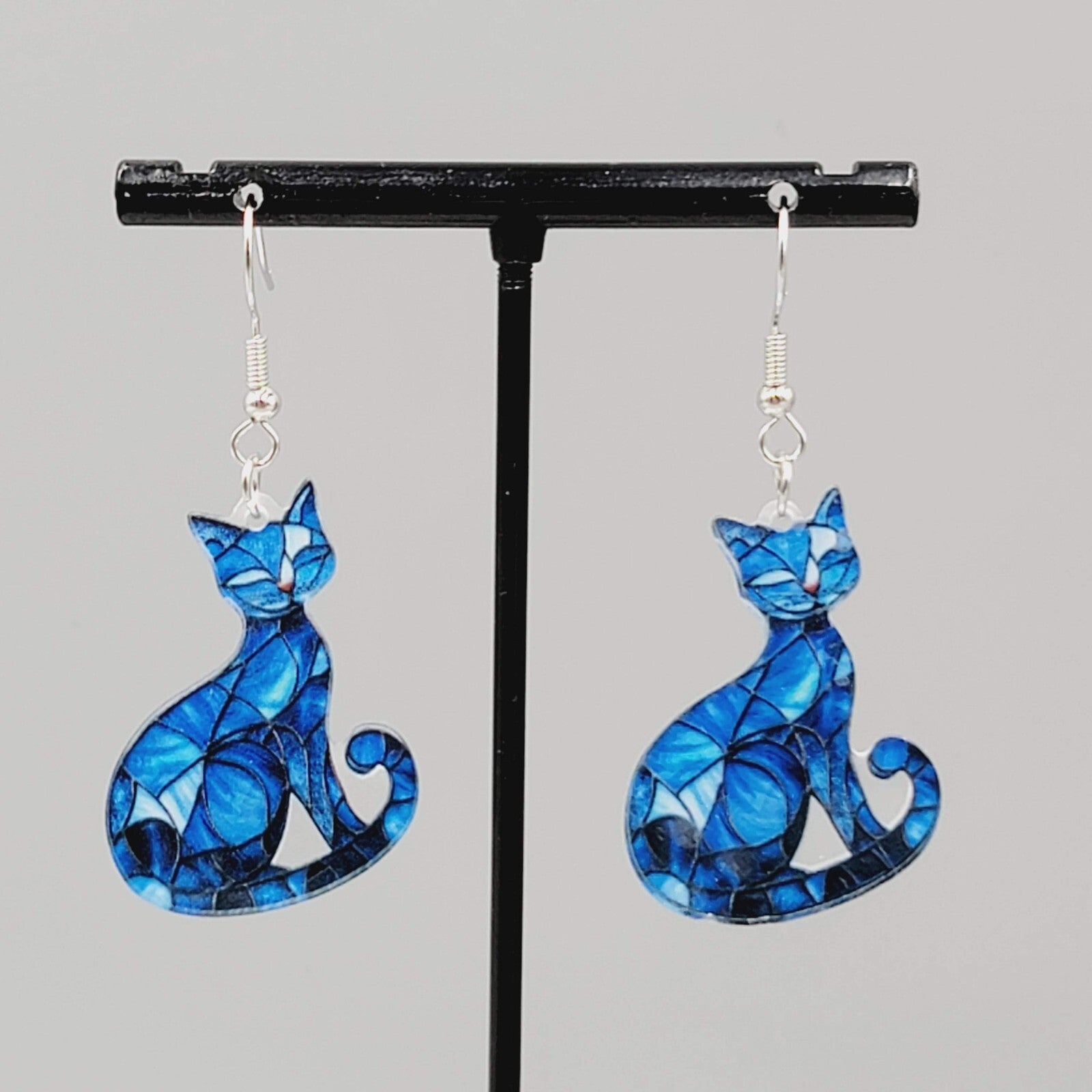 Blue Kitty Cat Pierced Earrings Mosaic Acrylic Dangle 1 3/8"