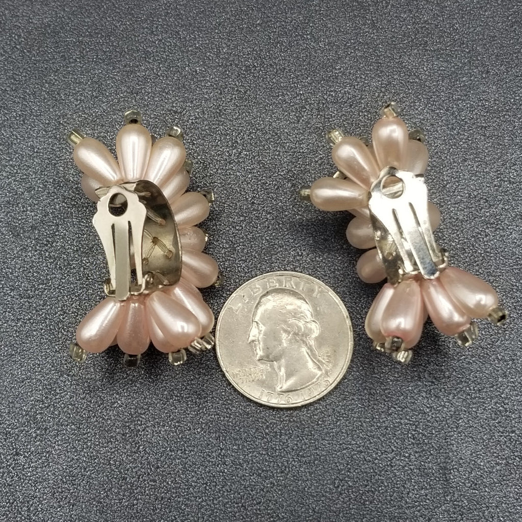 Vintage Clip on Earrings Pink Bead Large Statement Half Hoop Drop 1 1/2"