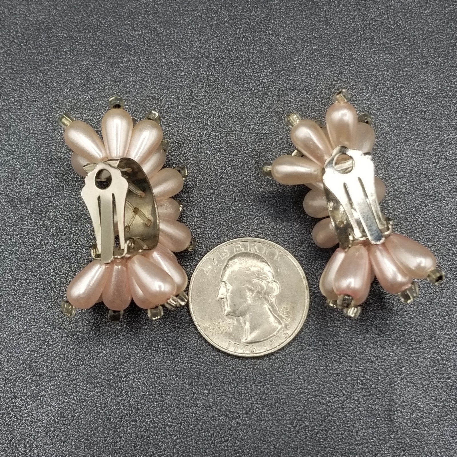 Vintage Clip on Earrings Pink Bead Large Statement Half Hoop Drop 1 1/2"